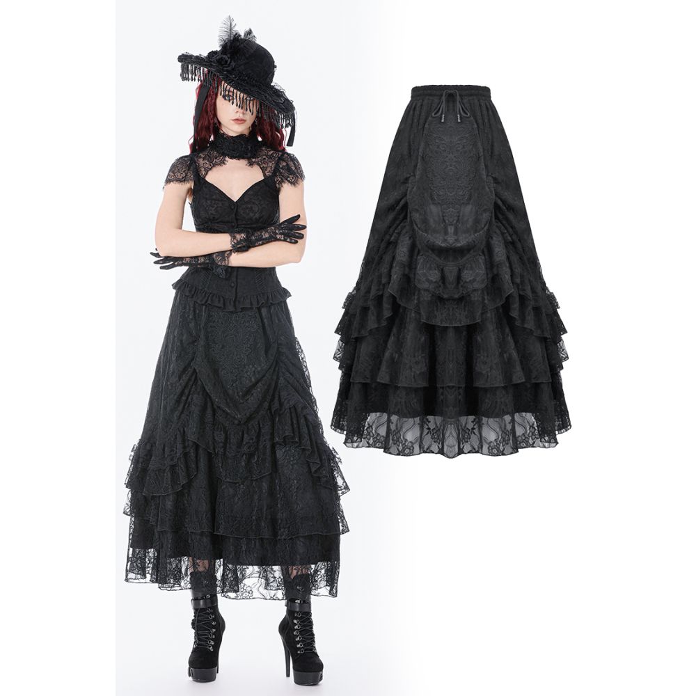 Dark in Love - Vintage Gothic Lace Layered Maxi Long Skirt - Black